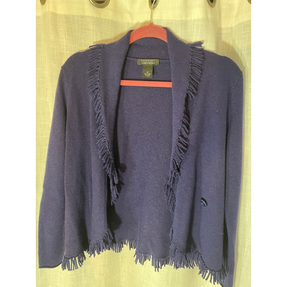 Cashmere by Bloomingdales Indigo‎ Fringe Cardigan Sweater Womens M Medium